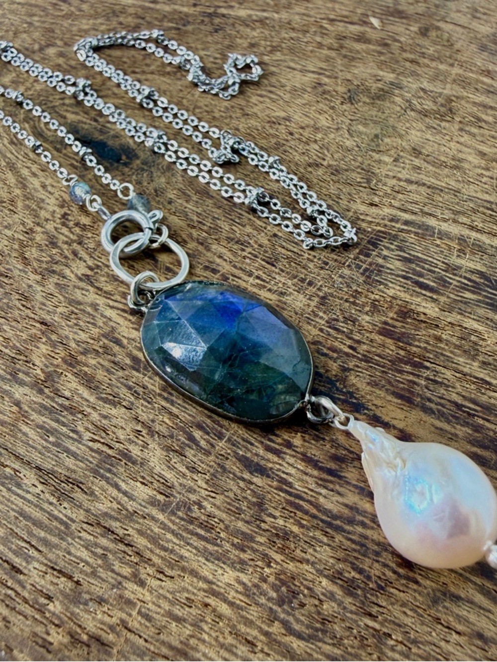 Labradorite and Baroque Pearl Pendant Necklace - Sterling Silver Chain